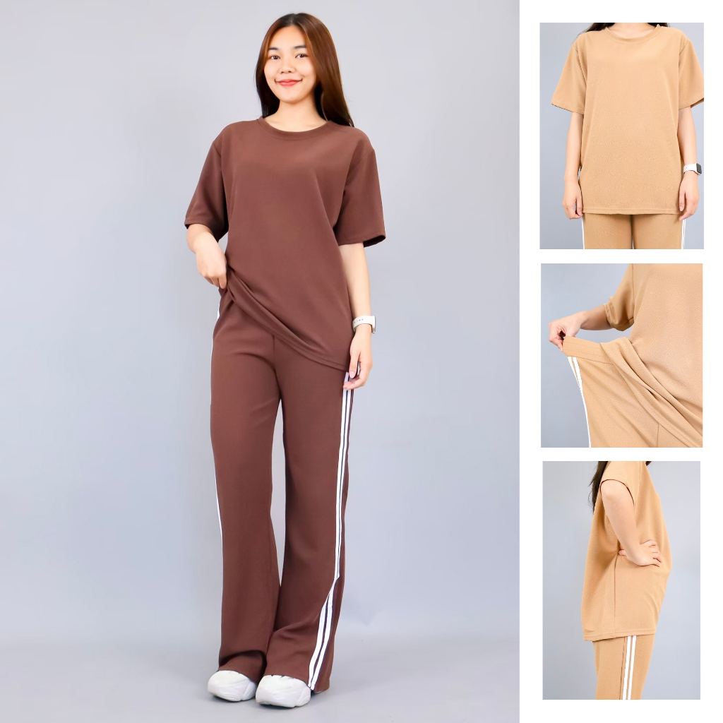 c4418# ชุดเซ็ท ผู้หญิง เสื้อคอกลม แขนสั้น กางเกงขายาว ทรงขาม้า แต่งแถบข้าง ผ้าวูลเวฟ