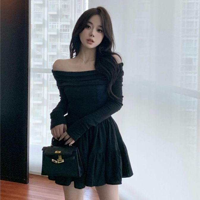 💗เดรสไหล่เดียว💗 เดรสแขนยาว เดรสทรงตู่ ทรงบัลเล่ต์ฝรั่งเศส สไตล์สาวหวาน กระโปรงเว้าไหล่ - รูปที่ 6