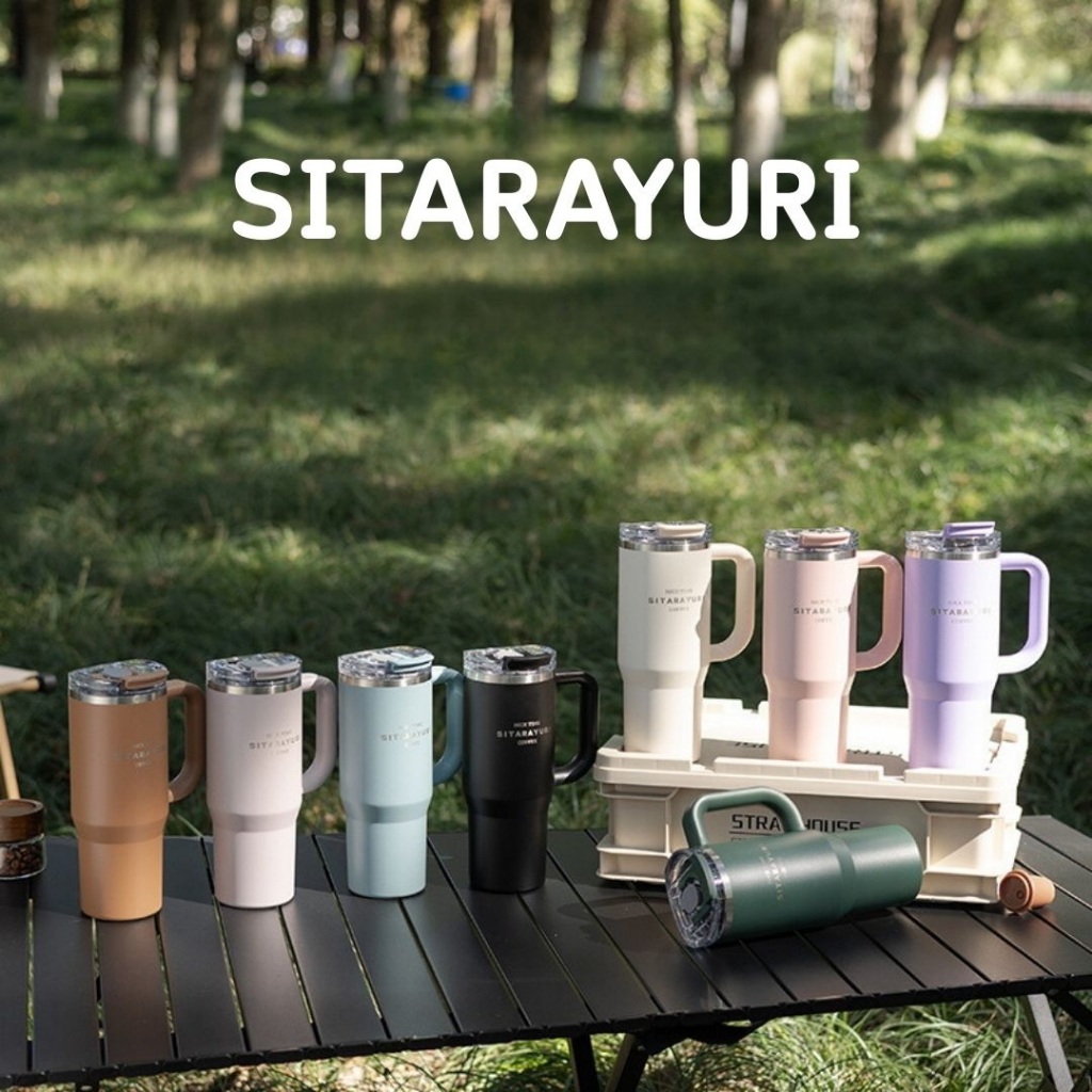 SITARAYURI แก้วน้ำสแตนเลสหูจับด้านข้าง รุ่นเปิดดื่มคู่ เก็บเครื่องดื่มอุ่น & เย็น เคลือบชั้นสแตนเลส 304 ขนาด 900ml