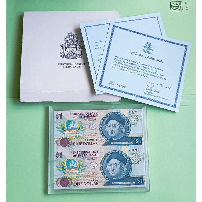 Bahamas,1 Dollar Note Uncut sheet of 2-1992  #ตั้งโชว์ได้