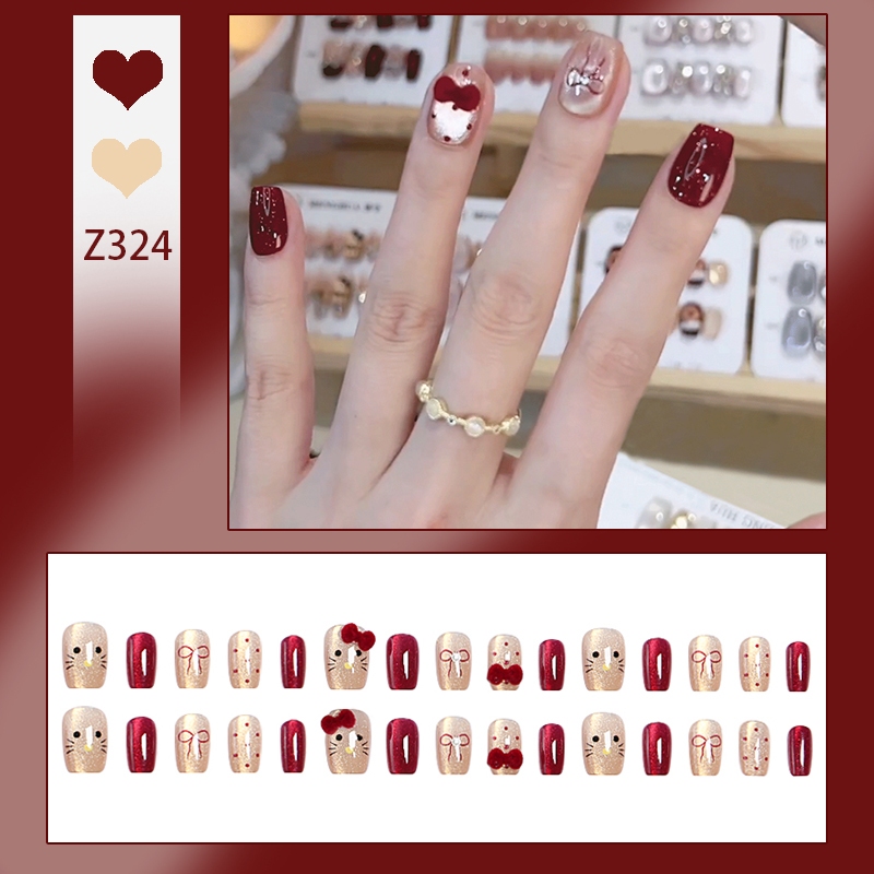 2025 รุ่นใหม่ เล็บปลอมยาว DD324 เล็บปลอม แฟลชเจาะ สไตล์ฝรั่งเศส สีแดง เล็บสวย 24 ชิ้น