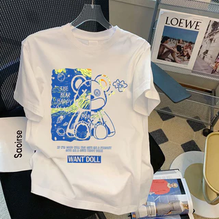 เสื้อยืดคอกลม แขนสั้น พิมพ์ลายหมี oversize t shirt เสื้อยืดผู้ชาย-ผู้หญิง เสื้อสวยๆเท่ๆ แฟชั่น สีขาว-สีดำ