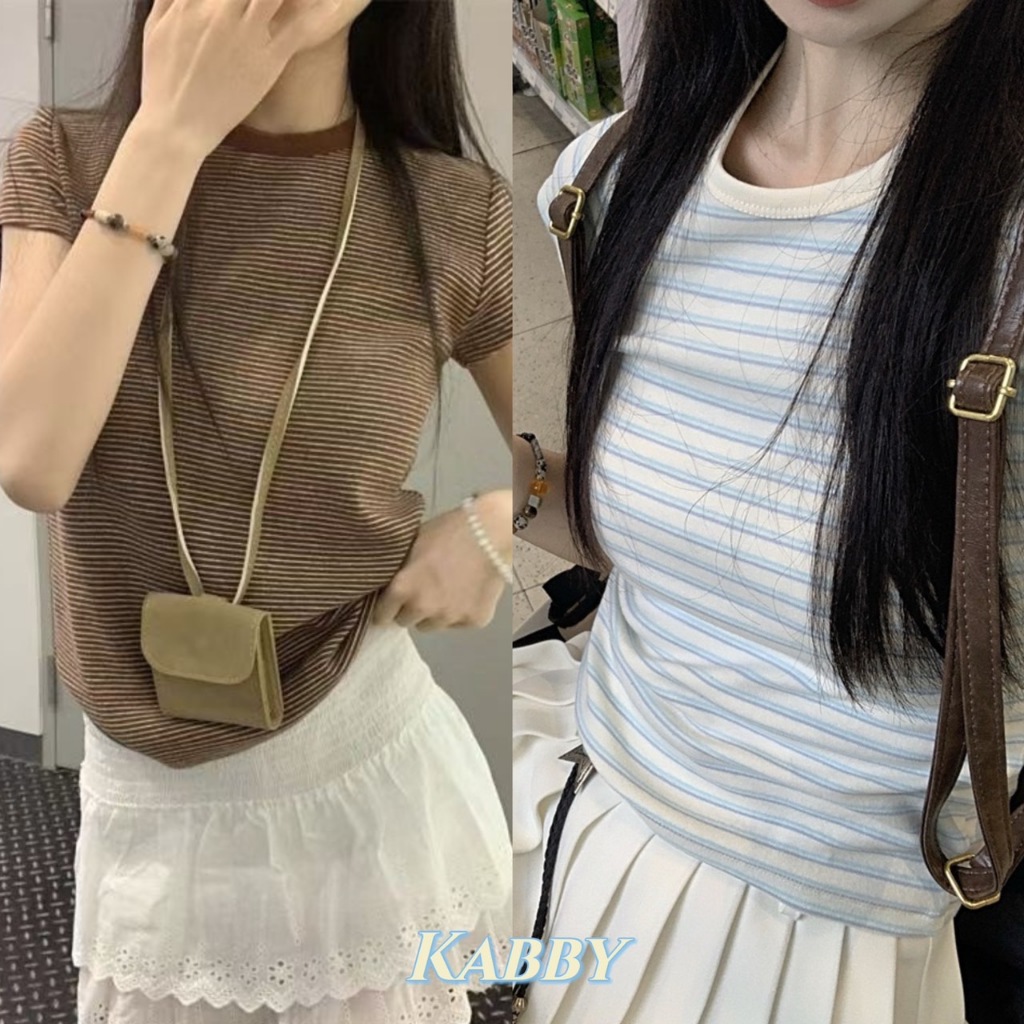 พร้อมส่ง🩵 เสื้อยืดผู้หญิง ลายทาง คอกลม ผ้าใส่สบาย สีน่ารัก