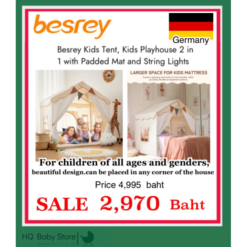 บ้านเด็ก มาพร้อมไฟตกแต่ง Besrey Kids Tent, Kids Playhouse 2 in 1 with Padded Mat and String Lights