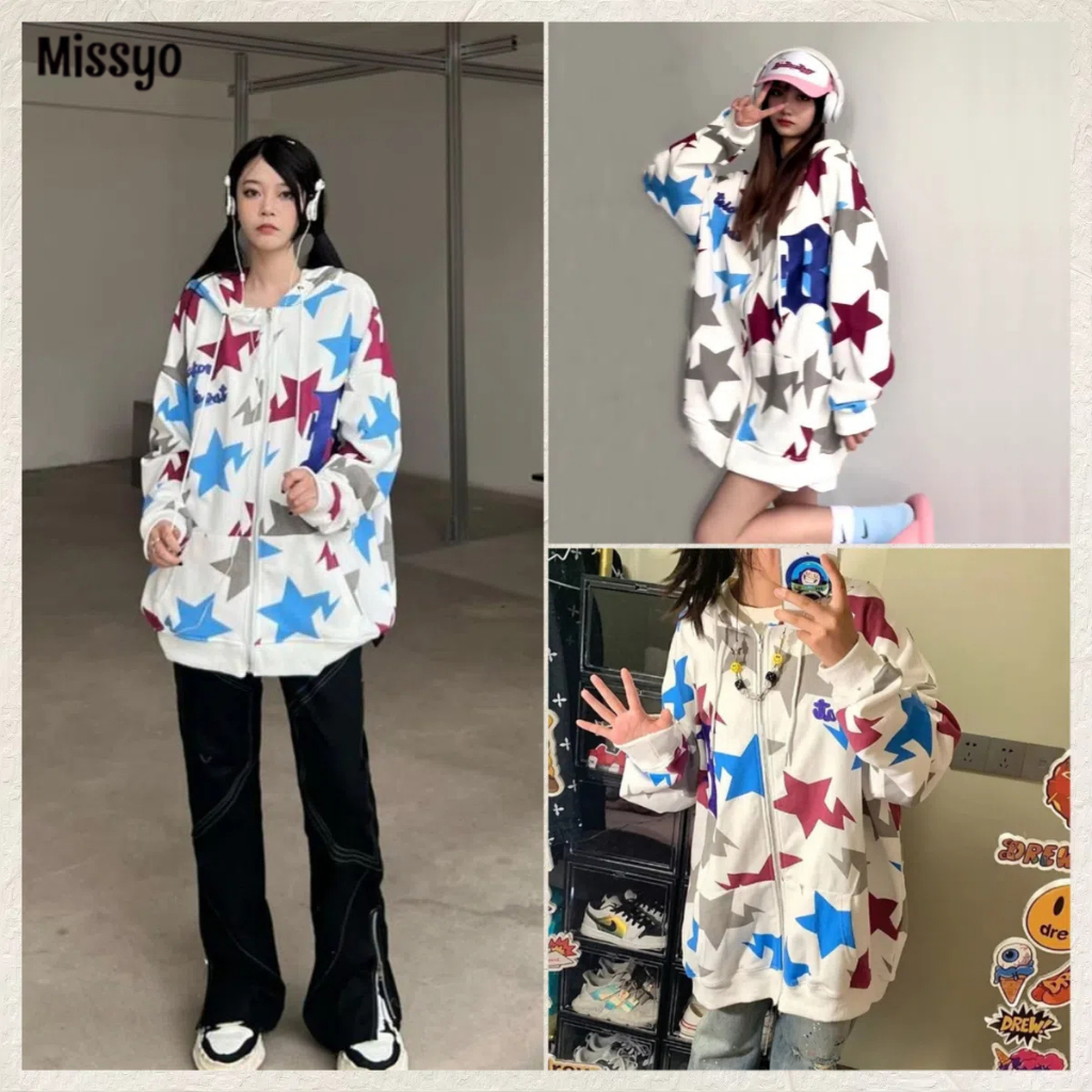 MISSYO ตัวอักษรดาวย้อนยุคสีตัดกันเสื้อคาร์ดิแกนคลุมด้วยผ้าเสื้อหลวมผู้ชายและผู้หญิงสไตล์เดียวกันแจ็คเก็ตคู่
