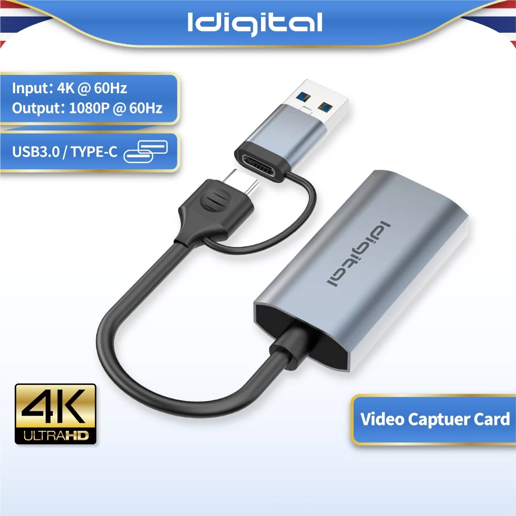 Idigital การ์ดจับภาพวิดีโอ Video Capture Card, Type C / USB3.0, 4K 60Hz, การบันทึกวิดีโอ, For Switch PS5 Camera แล็ปท็อป