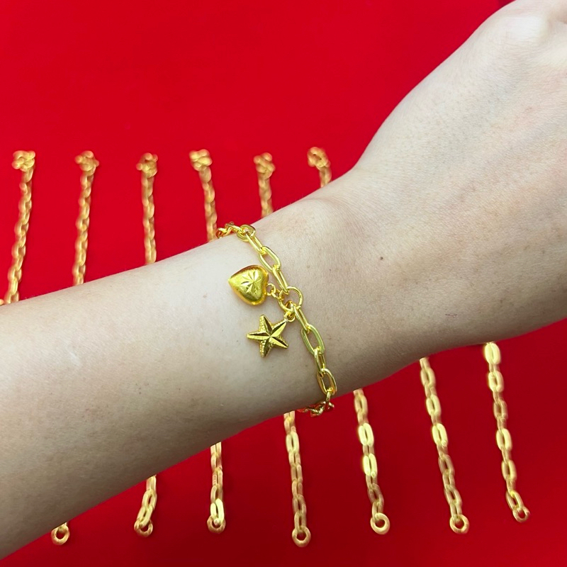 สร้อยข้อมือ ลายโซ่ฝรั่ง จี้หัวใจ ดาว กลาง 2 สลึง เลือกความยาวได้