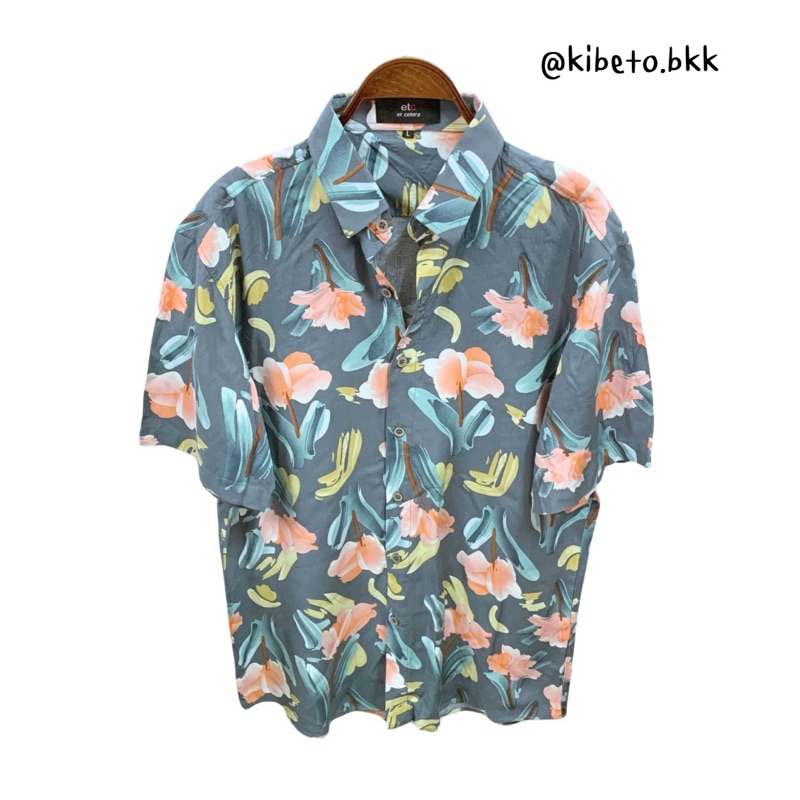 Kibeto เสื้อฮาวาย ลายดอกไม้ สีเทา ผ้าสปันเรยอน เนื้อนิ่ม ใส่สบาย M L XL 2XL 3XL