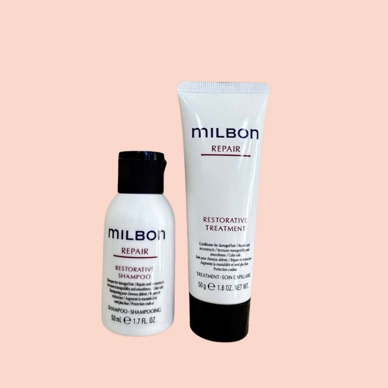 MILBON RESTORATIVE REPAIR 50 ML.แชมพู+ทรีทเม้น สำหรับผมแห้งเสีย ซ่อมแซมผมเสียได้อย่างล้ำลึก