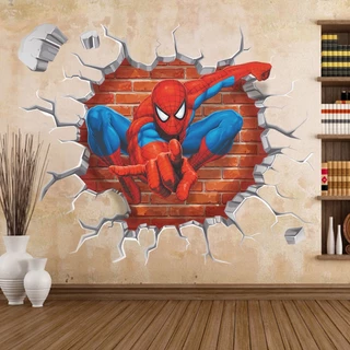 สติ๊กเกอร์ติดผนัง 3D Wallpaper มนุษย์แมงมุม บ่อน้ำ สวน รูปแบบการ์ตูน 3D สําหรับตกแต่งบ้าน ห้องเด็ก