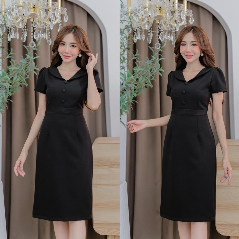 พร้อมส่ง!! เดรสดำ ชุดดำ เดรสดำทรงสุภาพ (รุ่นคอปกแต่งกระดุม)