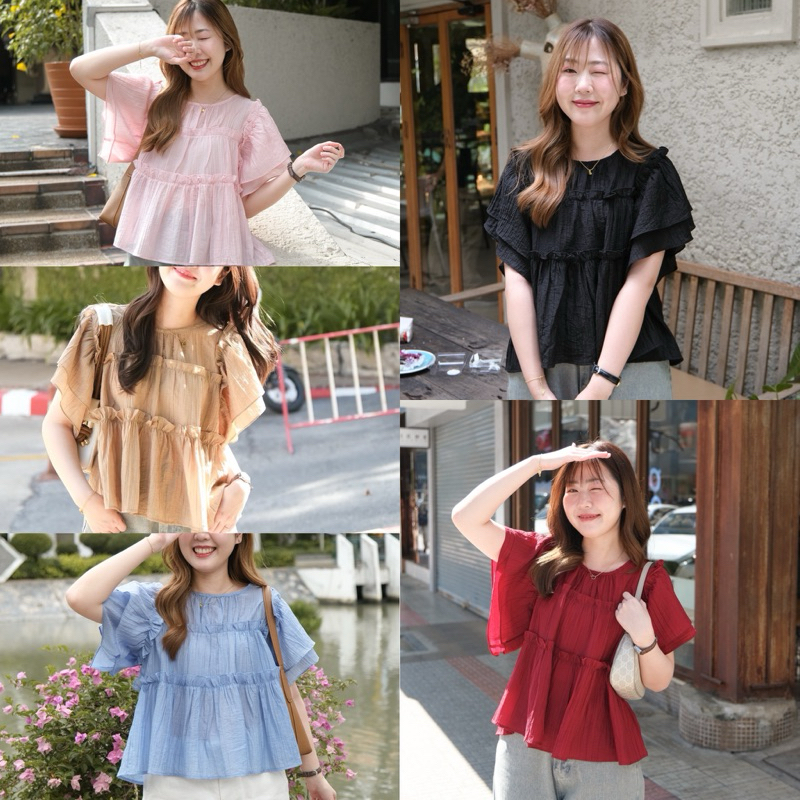 เสื้อแขนพลิ้วแต่งระบาย สไตล์แกลม ทรงสบาย ใส่สวยได้ทุกโอกาส