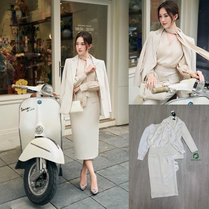 M1 งานป้าย Patta Set เซ็ตคลุมสูท + กระโปรงยาว + เสื้อแขนยาว + ผ้าพันคอ สำหรับผู้หญิง ชุดออกงาน ไซส์ S-XL