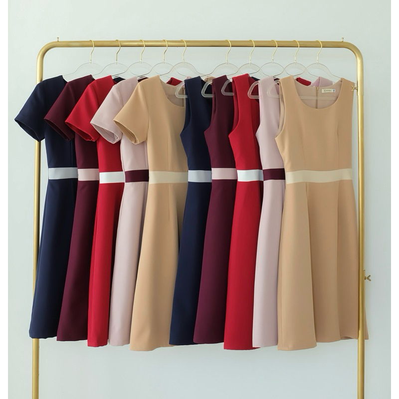 🧧🪭(มีโค้ดลด)เดรสคอกลมทรงเอตัดสีเอว ผ้าเปเป้สีพื้น(สีใหม่) **ไซส์รูป2-4