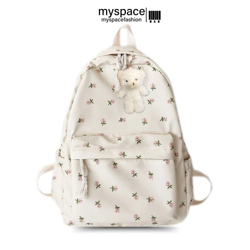 myspacefashion(MY1908) กระเป๋าเป้ไนล่อนลายดอกไม้ ใบใหญ่**มีของแถมที่ห้อยน้องหมี**