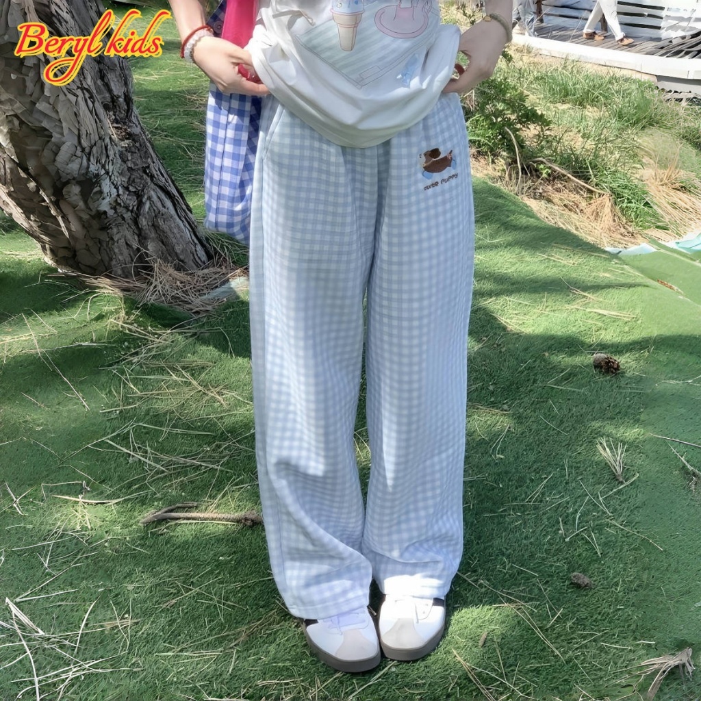 Beryl kids🌸กางเกงแฟชั่นเด็ก🎀กางเกงทรงตรงลายจุดลายสก็อต ขายาวหลวมๆ สไตล์เกาหลี ลำลองสำหรับเด็กหญิง