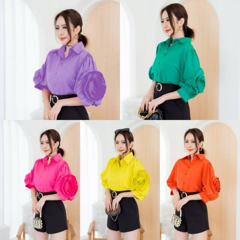 เสื้อเชิ้ตคอปกแขนระบายดอกกุหลาบ แบบสั้น ยาว19นิ้ว