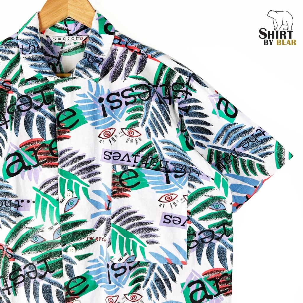 เสื้อฮาวายมือสอง Size 3XL (อก 50") แบรนด์ Swatch - ผ้า  Cotton เสื้อฮาวายหุ่นหมี🐻