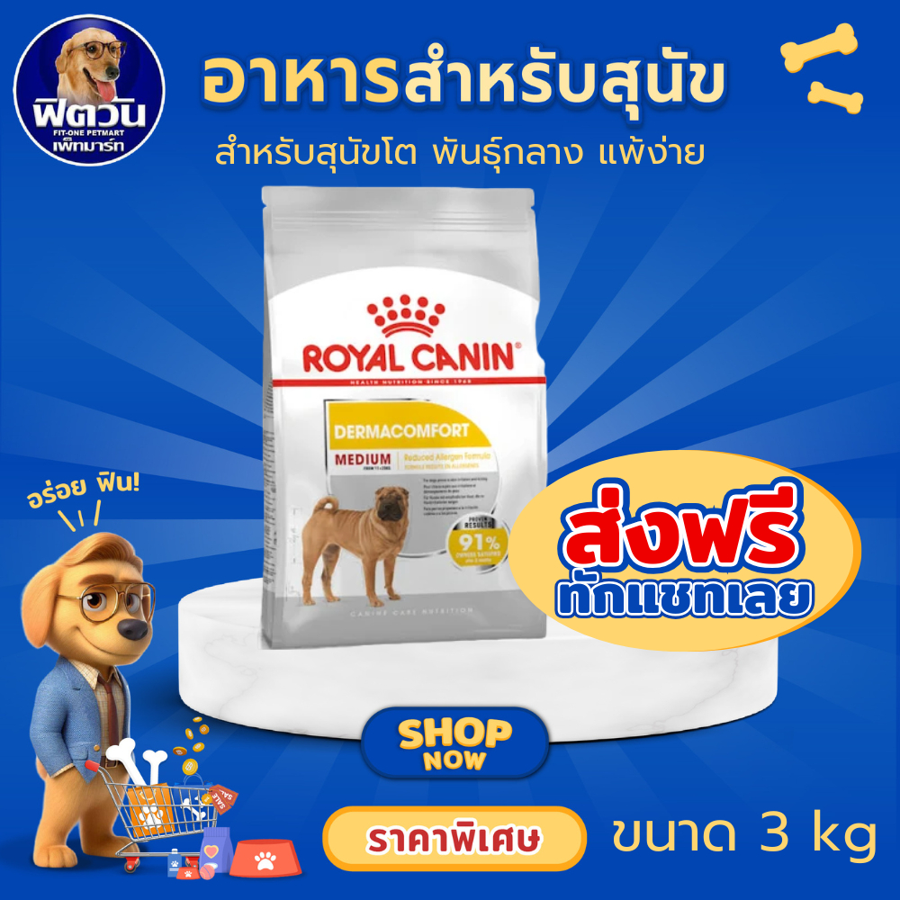 ROYAL CANIN Medium Dermacomfort อาหารเม็ดสำหรับสุนัขโตพันธุ์กลาง ขนาด 3 กิโลกรัม{อาหารสุนัขเม็ด}