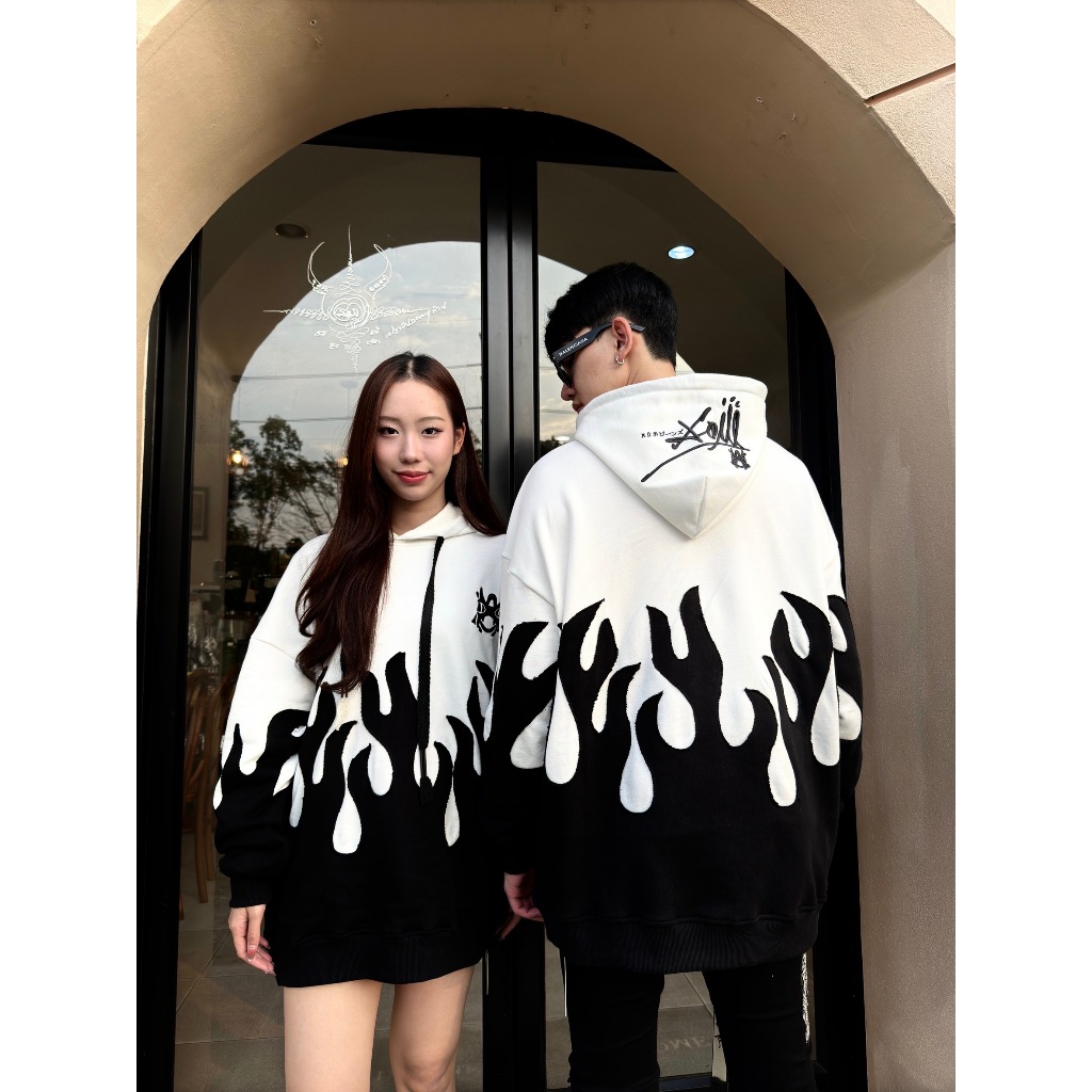 XOM507-4 ไฟขาวดำ เสื้อฮู้ดดี้ เสื้อฮู้ดลายไฟ งานเย็บขึ้นแบบด้วยมือ
