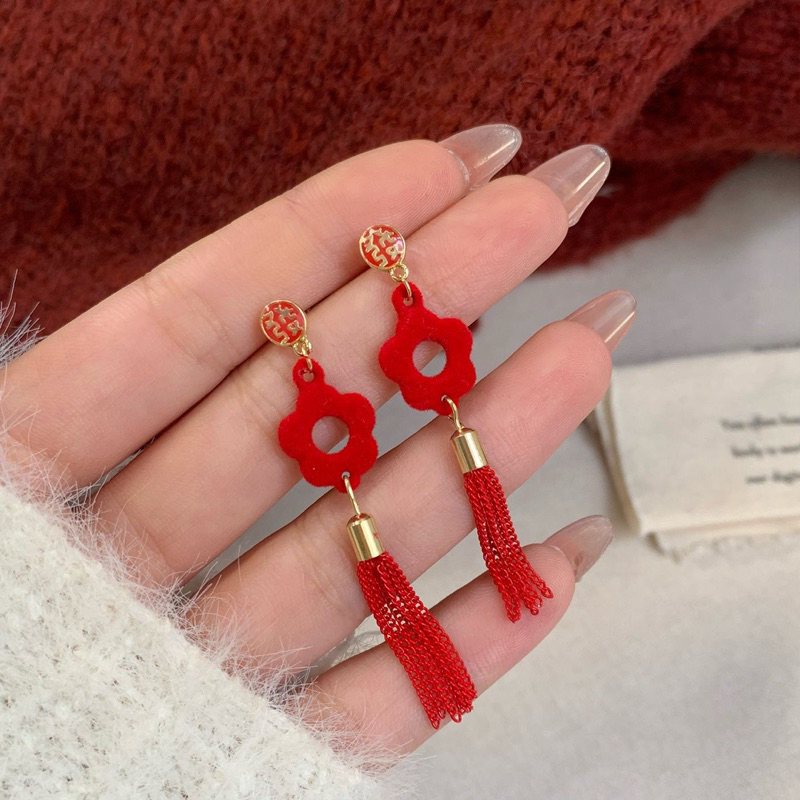 X-Y  เครื่องประดับต่างหูแบบโบหัวใจกำมะหยี่แฟชั่นเทศกาลตรุษจีนปีใหม่สวยหรูดูแพง งานเเต่ง ท่องเที่ยว วันเกิด ต่างหูแดง