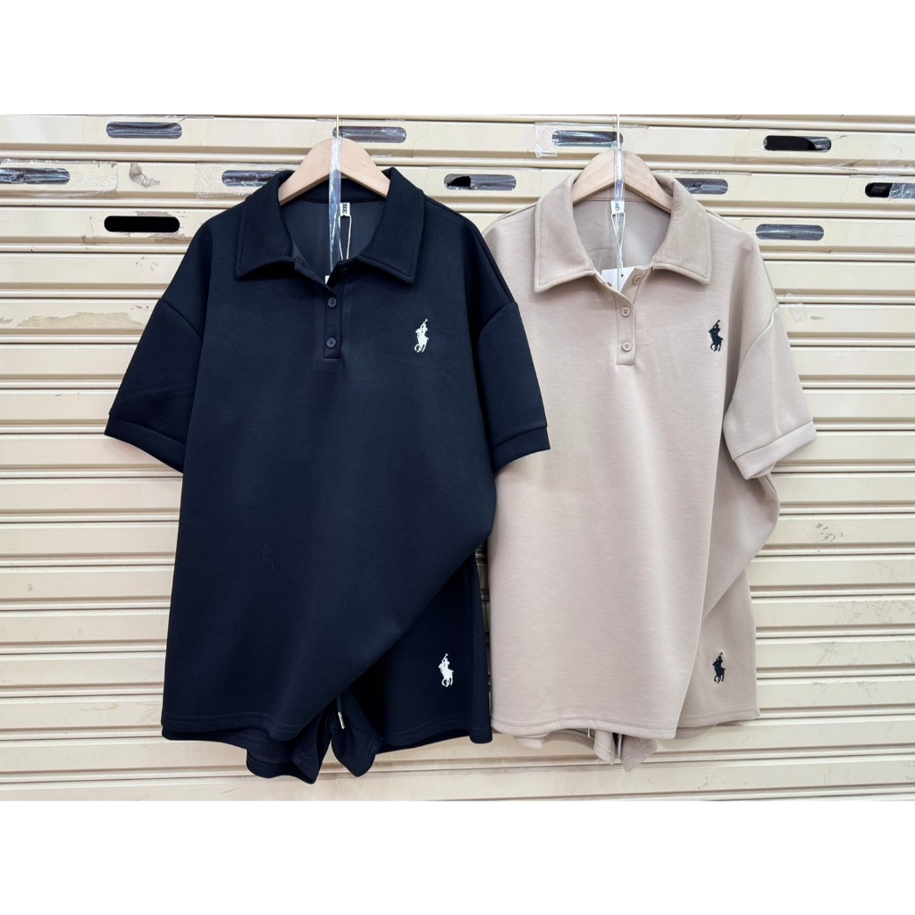 P840 ชุดเซ็ท2ชิ้น เสื้อแขนสั้นคอปก ปักม้า มาคู่กับกางเกงขาสั้นเอวยืดมีเชือกรูด ปักม้า ชุดสาวอวบ ป้าย