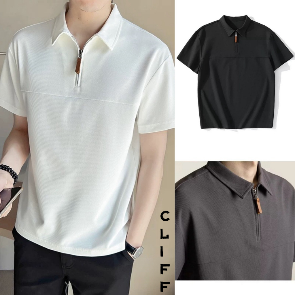 CLIFF ชาย เสื้อโปโล สไตล์ญี่ปุ่น ปกพับ แขนสั้น เสื้อยืด ซิป แบบหลวม