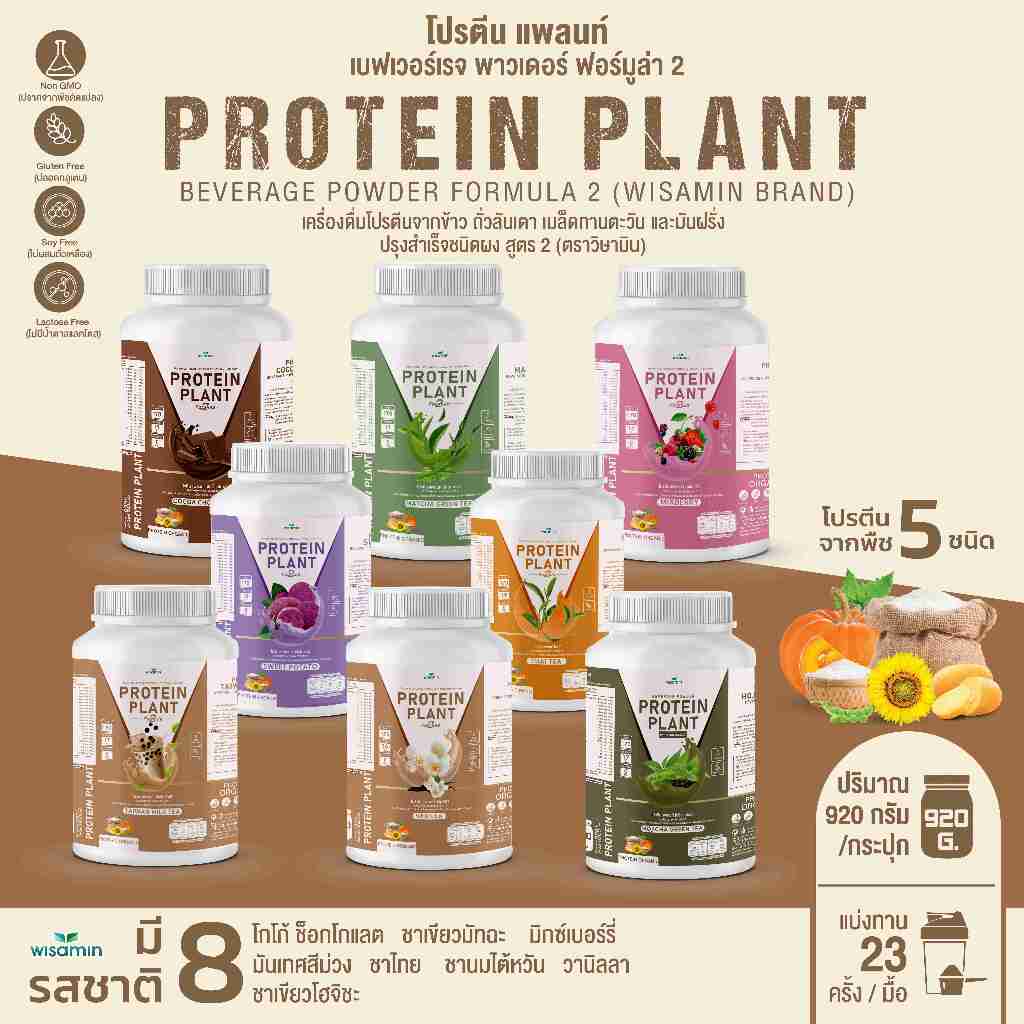 PROTEIN PLANT สูตร 2 โปรตีนแพลนท์ 8 รสชาติ (ขนาด 2 ปอนด์) โปรตีนพืช 5 ชนิด ออเเกรนิค (ตราวิษามิน) ปริมาณ 920 กรัม/กระปุก