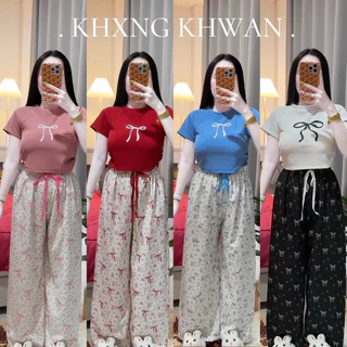 เซ็ท2ชิ้น กาวเกงโบว์เสื้อครอปเอวจั้ม สินค้าในไทย