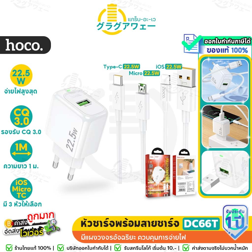 Hoco DC66T ชุดชาร์จเร็ว รองรับ QC3.0 จ่ายไฟ 22.5W หัวชาร์จเร็วพร้อมสาย หัวชาร์จเร็ว hc2