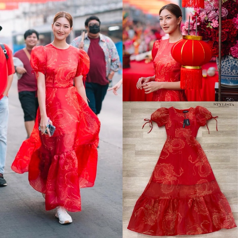 พร้อมส่ง เดรสกี่เพ้า เดรสสีแดง แขนพอง ชุดตรุษจีน ชุดเรียบหรู รับอังเปา