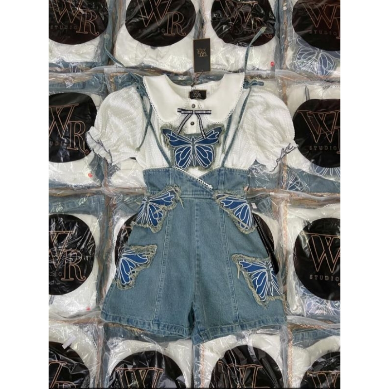 👗 Set 2 ชิ้น ชุดเซตเอี๊ยมยีนส์ผีเสื้อ งานแบรนด์ WR STUDIO มือ 1 พร้อมส่ง ‼️ Size S แพทเทิลเล็ก สวยมา