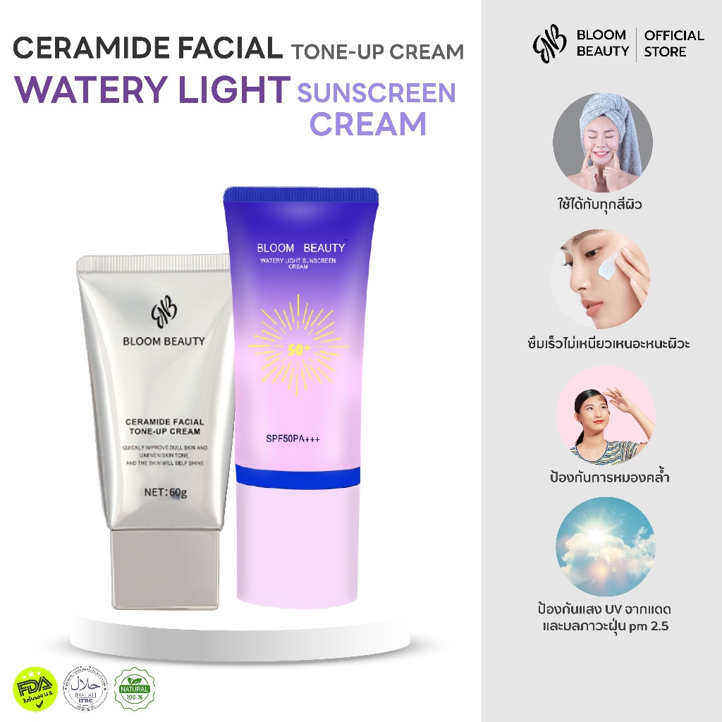 Bloom Beauty ผลิตภัณฑ์ดูแลผิว โทนอัพผิวหน้า+ครีมกันแดดปกป้องรีงสีUV