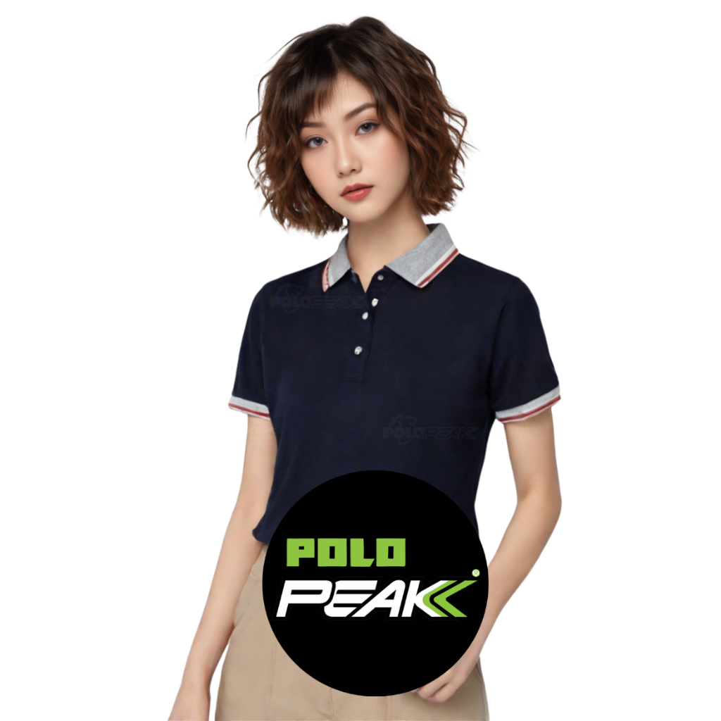 เสื้อโปโลสีกรมท่า ปกท็อปดายริ้วขาวแดง polo peak