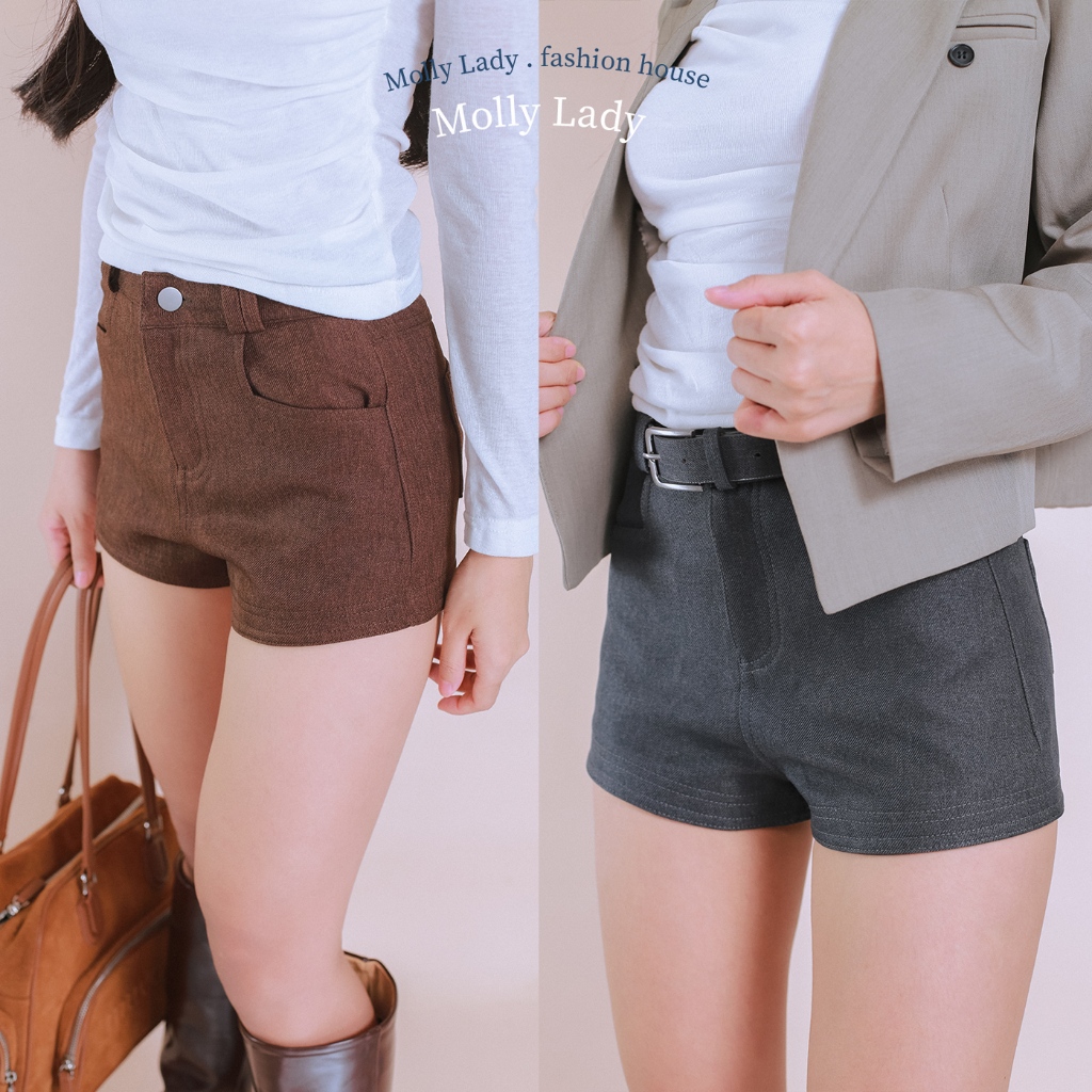 Molly Lady ❤️ PARIS Shorts กางเกงขาสั้น ผ้าเสิร์ท ทรงสวย สีน้ำตาล เทา ดำ มาพร้อมเข็มขัด