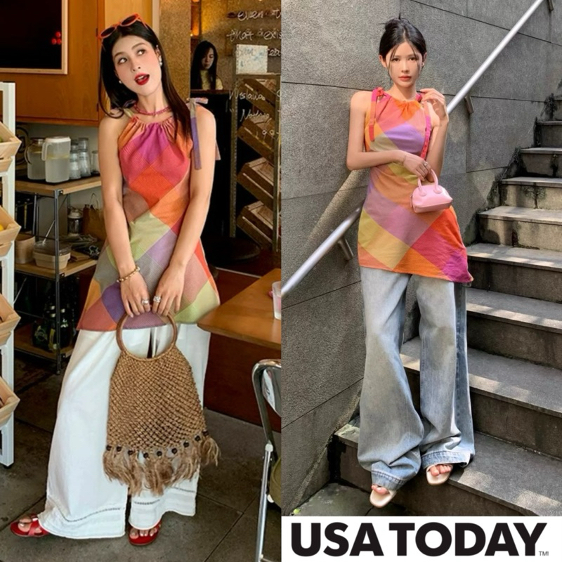 Miko พร้อมส่ง เสื้อครอป Crop top เสื้อรัดรูปแขนกุด เสื้อคล้องคอเซ็กซี่ มีจีบแบบผูกเซือก ชุดไปทะเลY2K สไตล์เกาหลี สาวหวาน