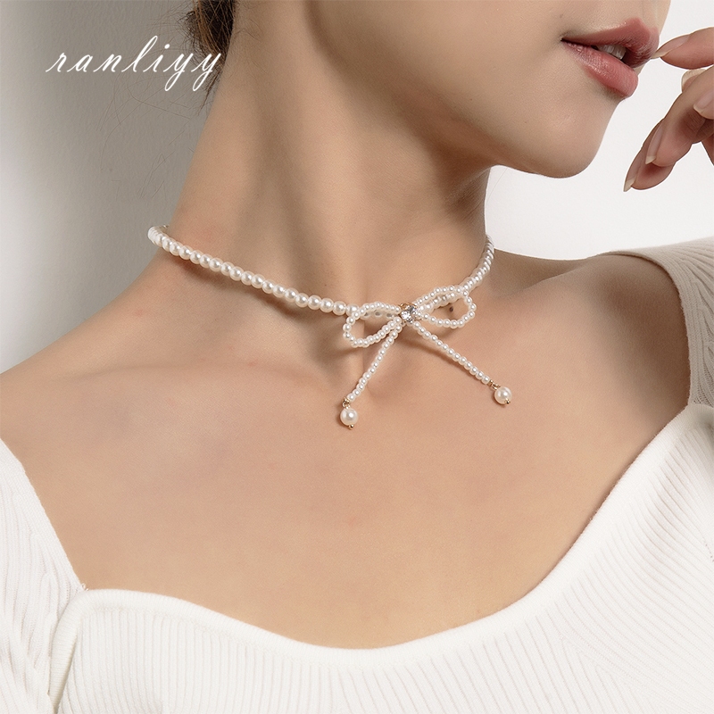 ส่งเร็ว สร้อยคอมุกโบว์หรูหราแฟชั่นโซ่ไหปลาร้าระดับไฮเอนด์เครื่องประดับสำหรับผู้หญิงของขวัญ-Ranliyy