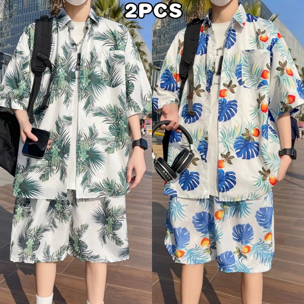 HOT เสื้อฮาวายผู้ชาย กางเกงฮาวาย 2PCS ทรงหลวม ลําลอง ชุดเซต สไตล์ฮาวาย ใส่เที่ยวทะเลหรืออยู่บ้านชิลๆ