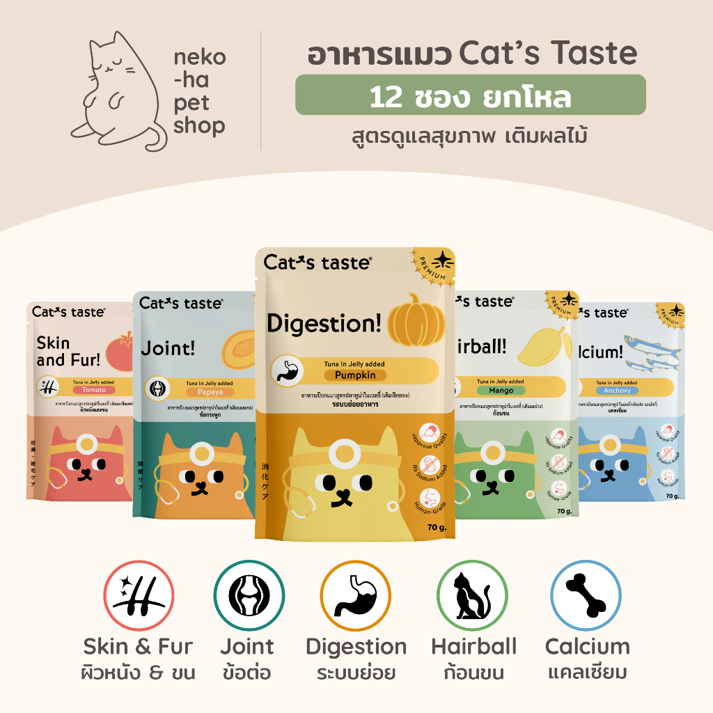 อาหารแมว พรีเมี่ยม Cat's Taste แคทเทส แบบเฮลตี้ ดูแลสุขภาพ ไม่เติมโซเดียม 70g ยกโหล 12 ซอง