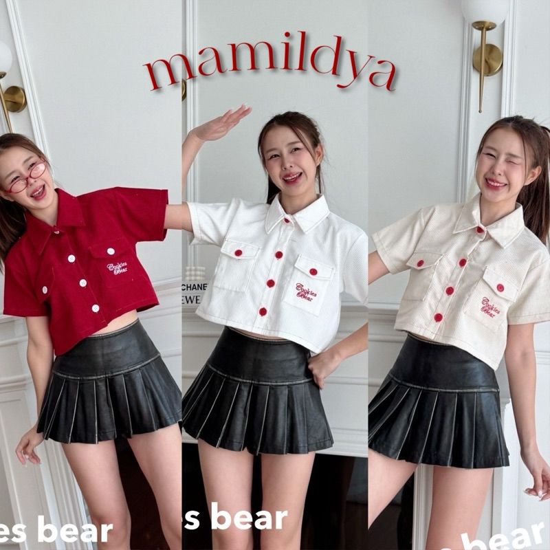 Mamildya.shop เสื้อโปโลครอปแขนสั้นผ้าลูกฟูก กระเป๋า2ข้าง/I2-1 /COOK-เป๋าสั้น