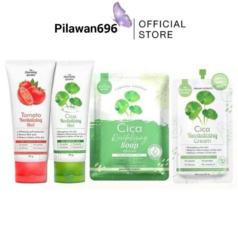 Cica Revitalizing Gel เจลกู้ผิว ใบบัวบก🍀เจล 50 g. & สบู่ 50 g. & ครีม 6 g. 🍀 The charming garden 50 g.