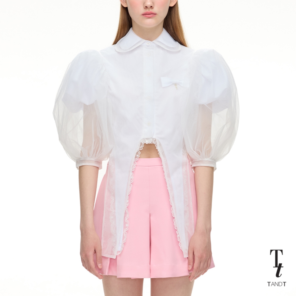 TandT - ELODIE TOP - PUFF SLEEVES LACE TRIMMED HEM DETAILED TULLE COVER UP CROP SHIRT - เสื้อเชิ๊ตคร็อปแขนสั้นทรงพองเล็ก