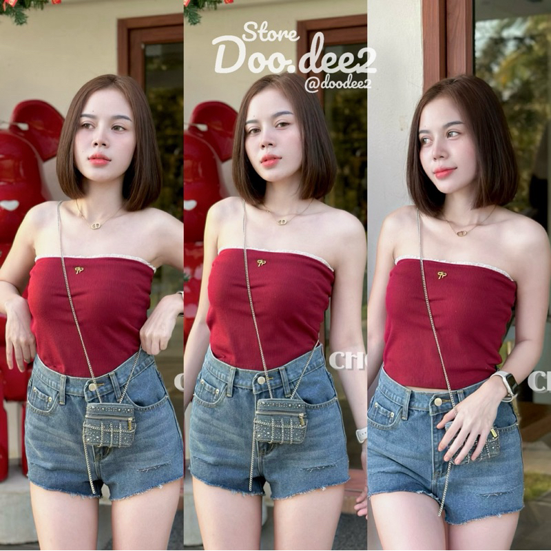 ♦️DOODEE2♦️เกาะอกระบายติดโบว์ทองน่ารัก