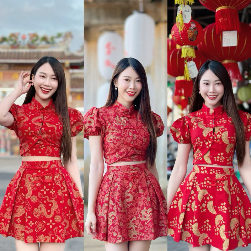 TANTANOD -รหัสCNY25 ชุดเซ็ตตรุษจีน เสื้อแขนตุ๊กตาแต่งกระดุมจีน กระโปรงสั้น