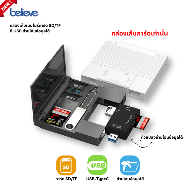 กล่องเคสเมมโมรี่การ์ด SD TF ถ่ายโอนข้อมูลได้ อะแดปเตอร์การ์ดรีดเดอร์ Type C USB C