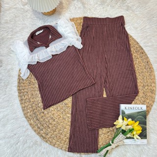 สินค้าพร้อมส่ง ชุดเซตยาวผ้าเปลือกไม้ลายริ้ว เสื้อคอปกแขนระบา…