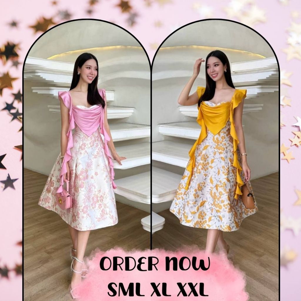 𝐒⁃𝐗𝐗𝐋 2 สี ชุดเดรสผ้าทอลาย สุดหรู เดรสออกงาน งานป้าย AIYARIN เดรสสีเหลือง เดรสสีชมพู เดรสทำงาน