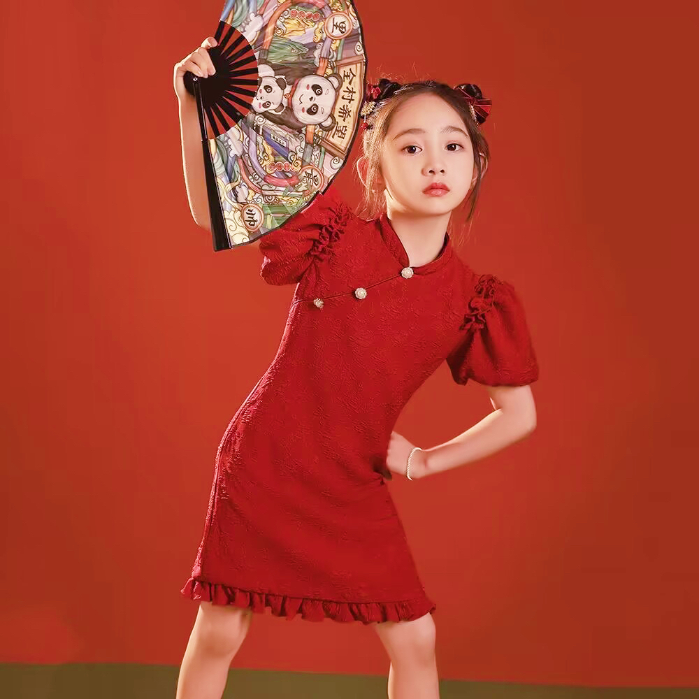 ชุดกระโปรงสีแดงเด็กผู้หญิง กระโปรงตรุษจีน สวยงาม size3-11ปี 7235
