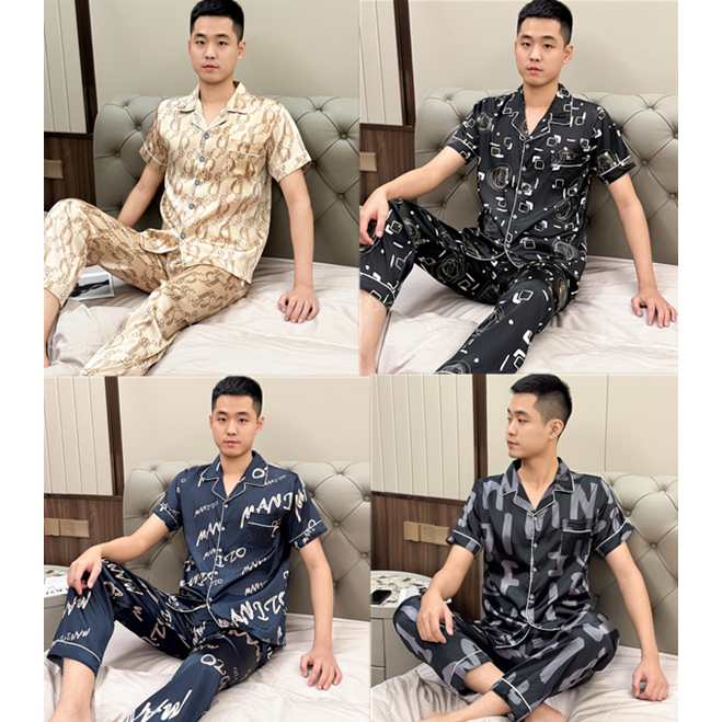 พร้อมส่ง1001 ชุดนอนผู้ชาย เเขนสั้นขายาว ผ้าซาตินสุดหรู คอปก pajamas men เซ็ทเสื้อ ผ้าเย็น ผ้านิ่มไม่เเข็ง