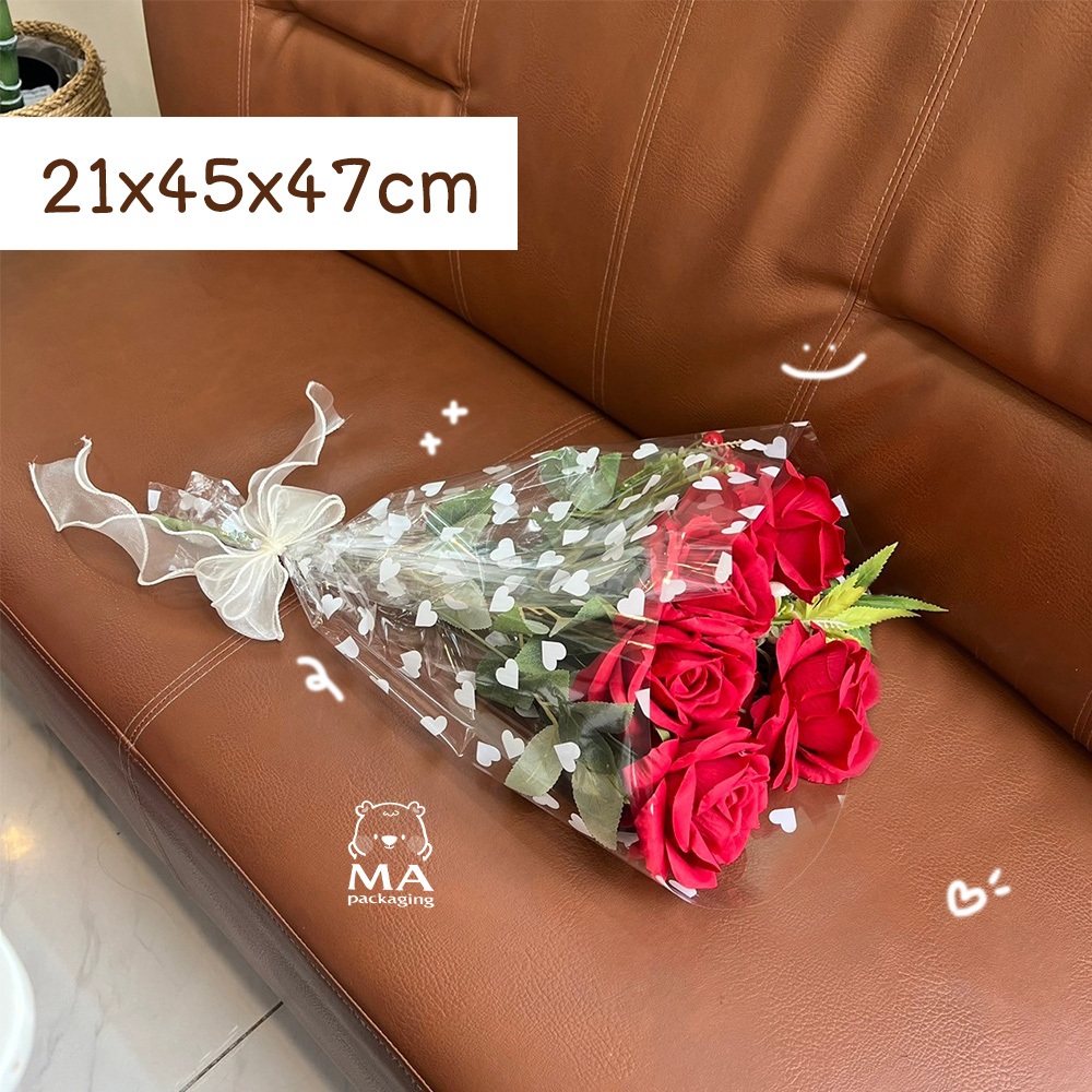 ถุงใส่ดอกไม้ใส เหมาะสำหรับวันวาเลนไทน์ 50 ชิ้น ซองหัวใจสะอาด [หนา 40 micron] P01